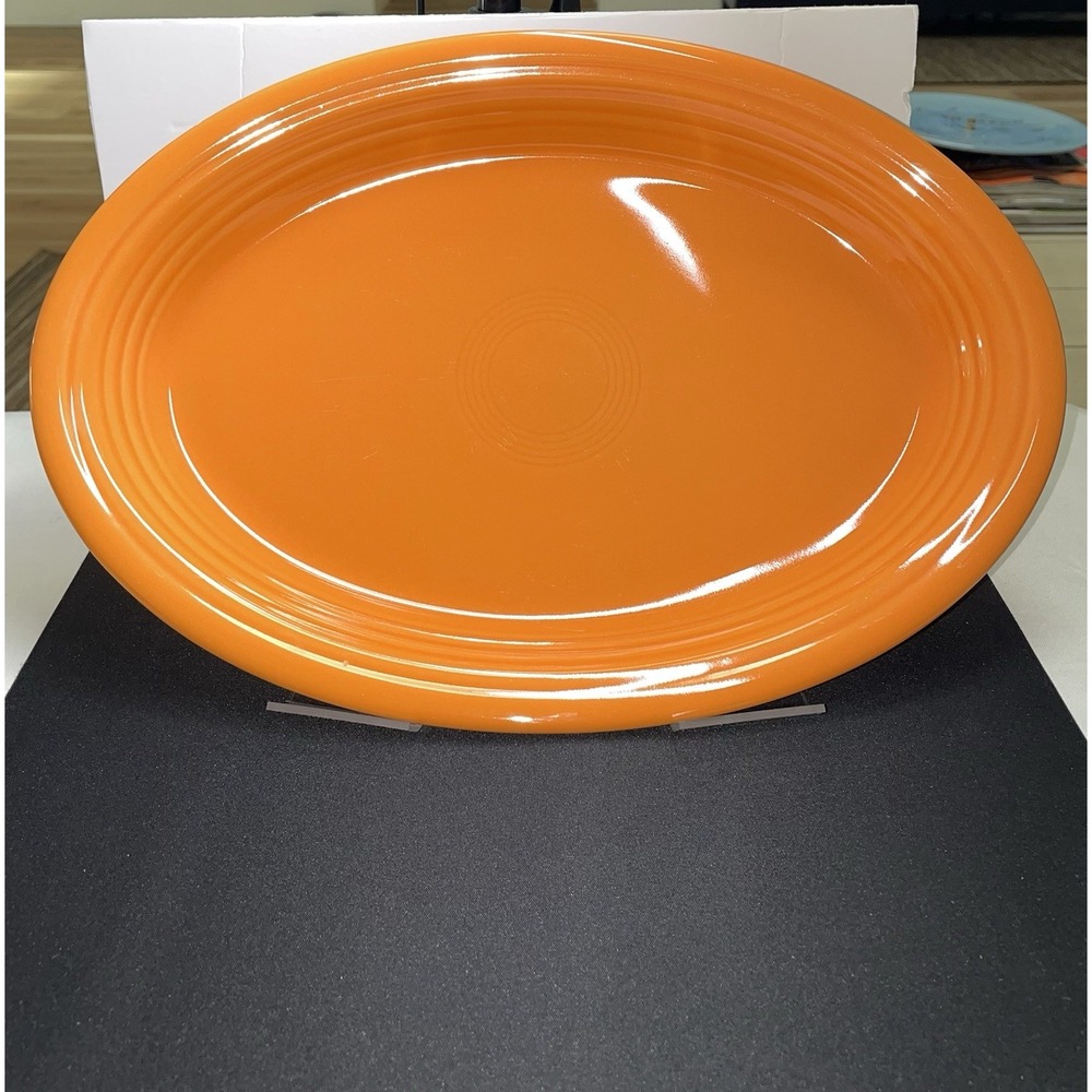 Vintage Circa 1959-1972 Fiesta in Script HLC Oval 12.5" Red Orange Platter Baker
